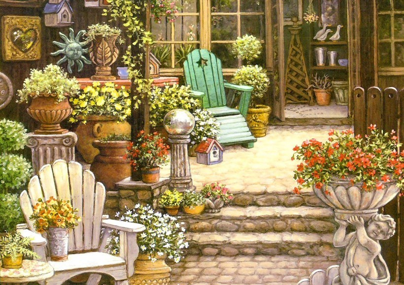 温馨家庭花园油画图片