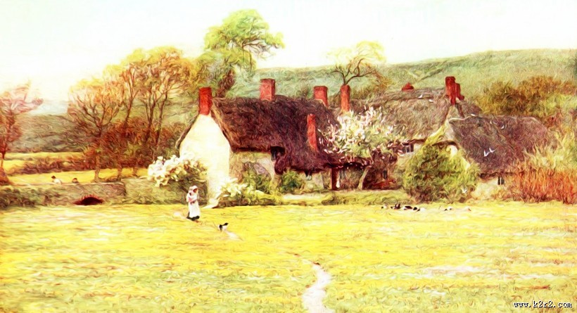 清新水彩画乡村风景图片