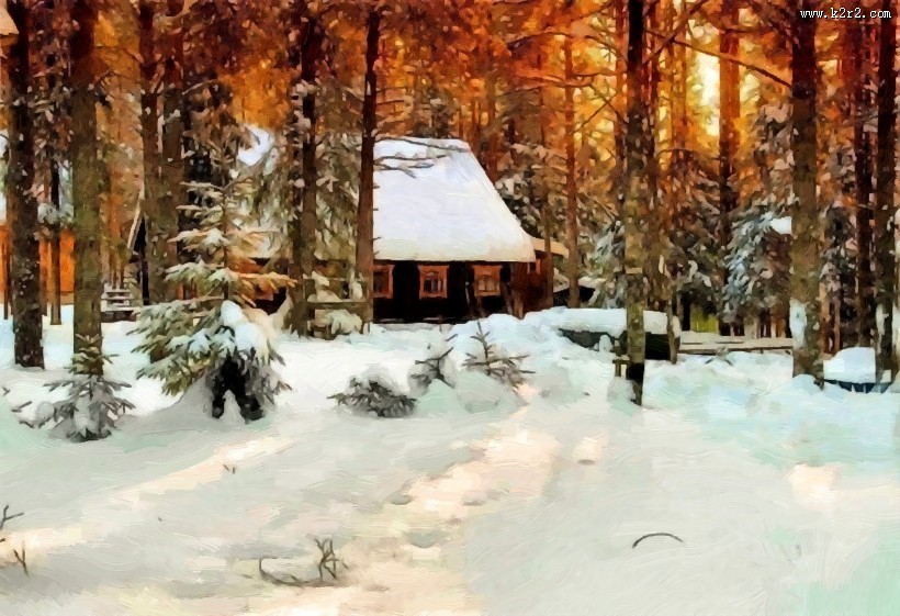 冬日雪景油画图片