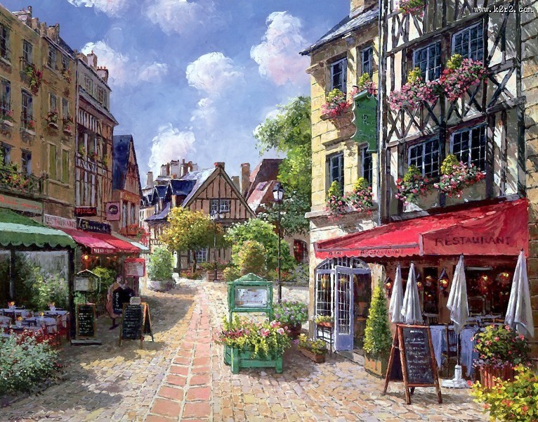 欧洲小镇风景油画图片