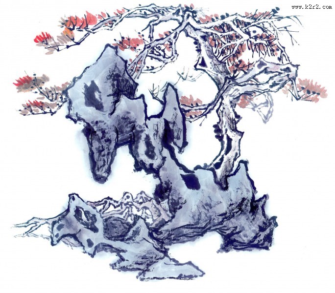 古树奇石水墨图片