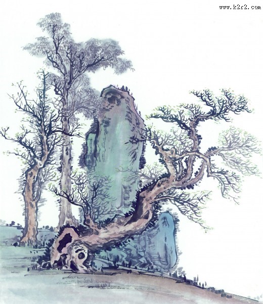 古树奇石水墨图片