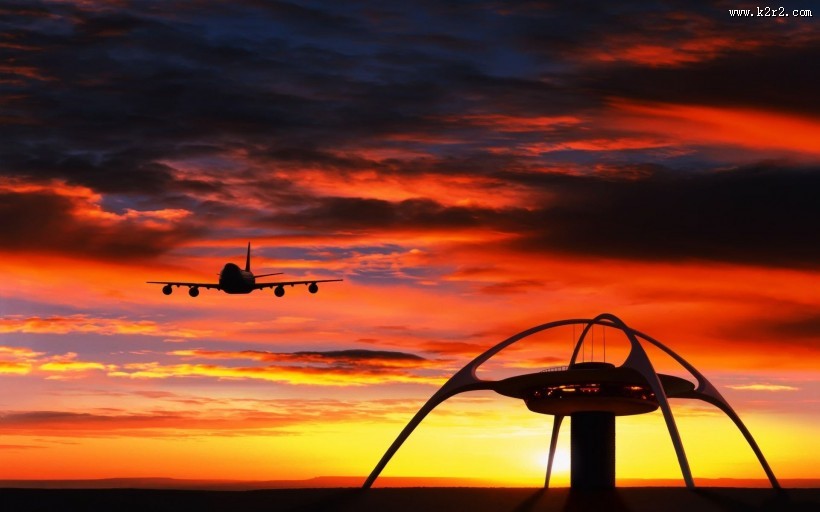 云霄晚霞飞机唯美风景图片
