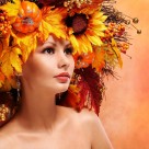 枫叶和彩妆美女图片