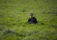 在草地上的孤独的小男孩图片