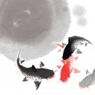 水墨花朵鱼三联画图片