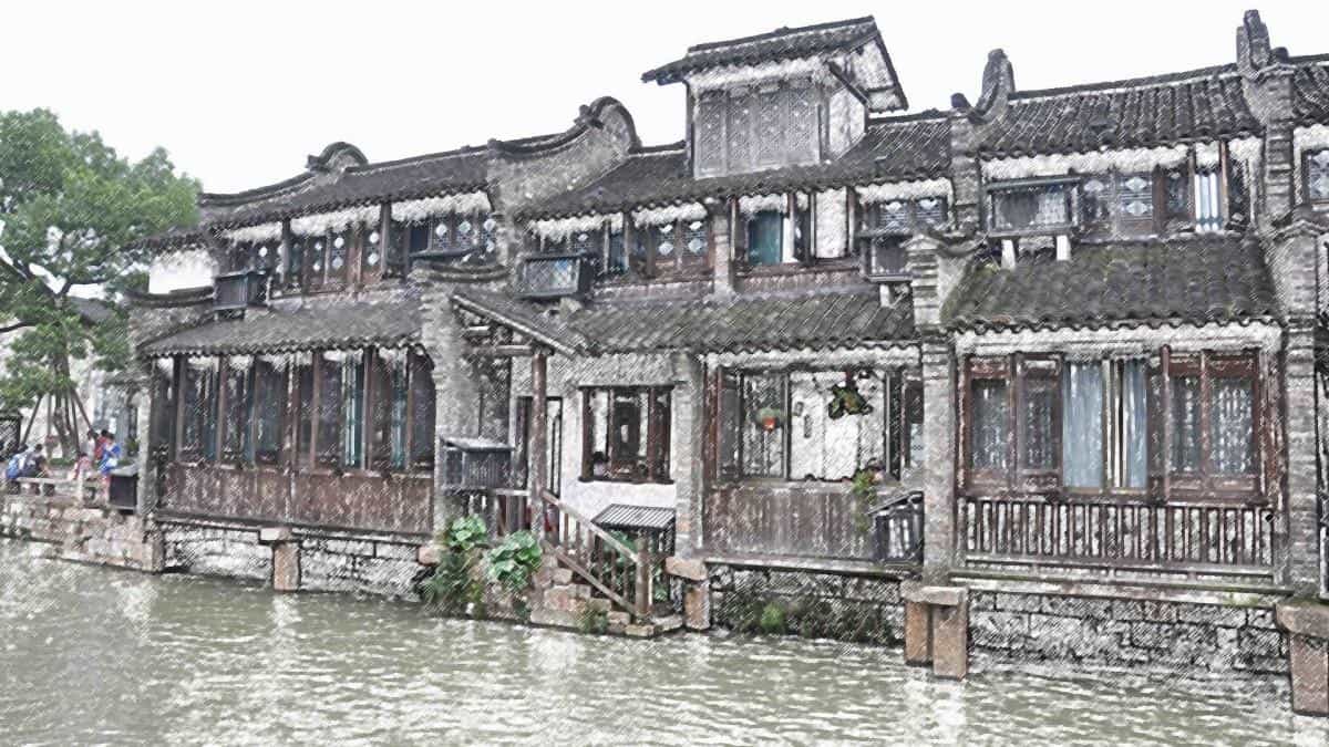 手绘乌镇彩笔画图片