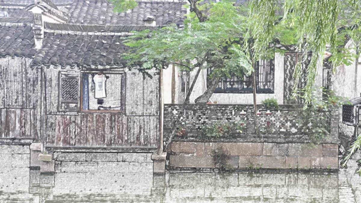 手绘乌镇彩笔画图片