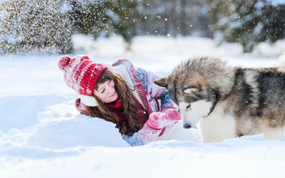美女与狗玩耍图片