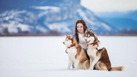 美女与狗玩耍图片