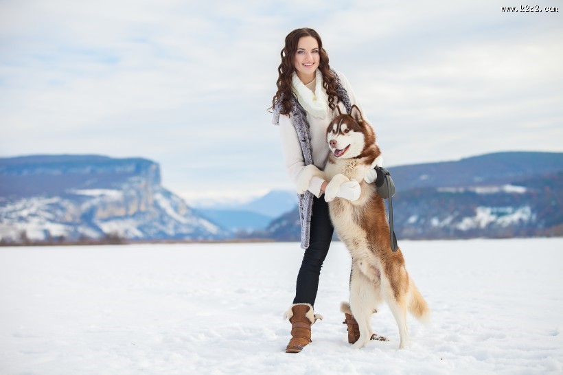 欧美美女和哈士奇玩耍图片