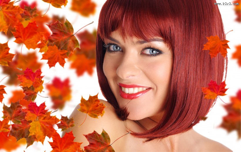 枫叶和彩妆美女图片