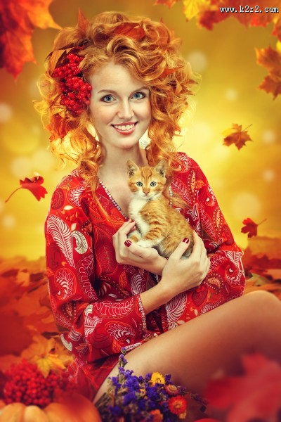 枫叶和彩妆美女图片