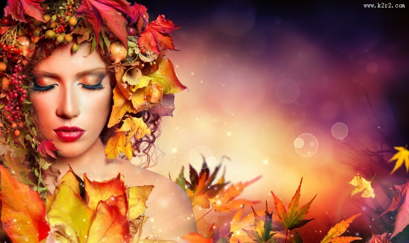 枫叶和彩妆美女图片