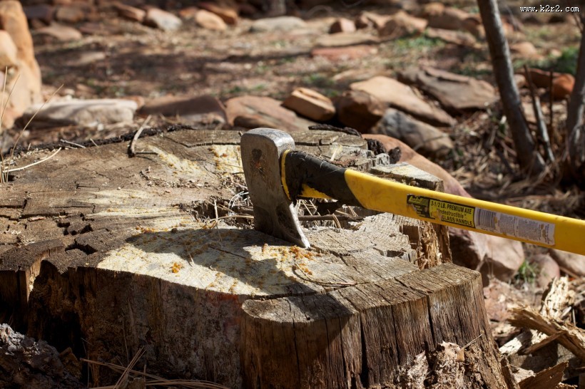 砍在木头上的斧头图片