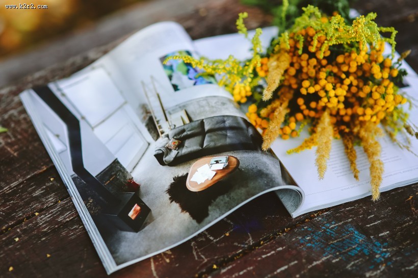 干花和杂志和相机和板鞋的艺术摄影图片大全
