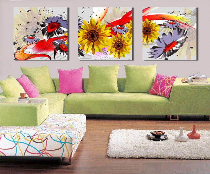 黄色花朵三联画挂画图片