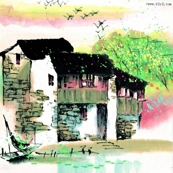 江南水乡夏天水墨图片