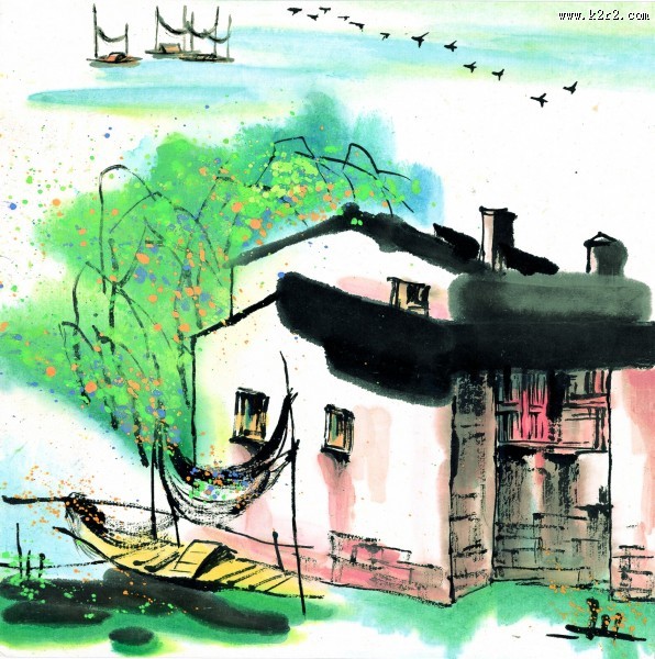 江南水乡夏天水墨图片