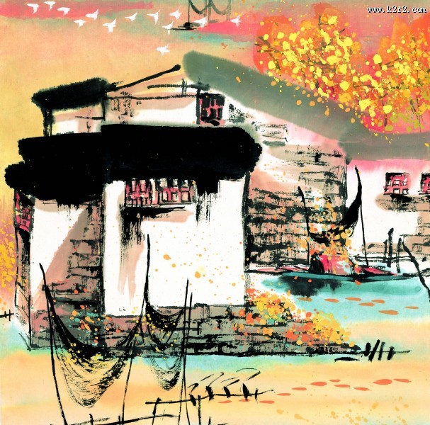 江南水乡秋天水墨图片