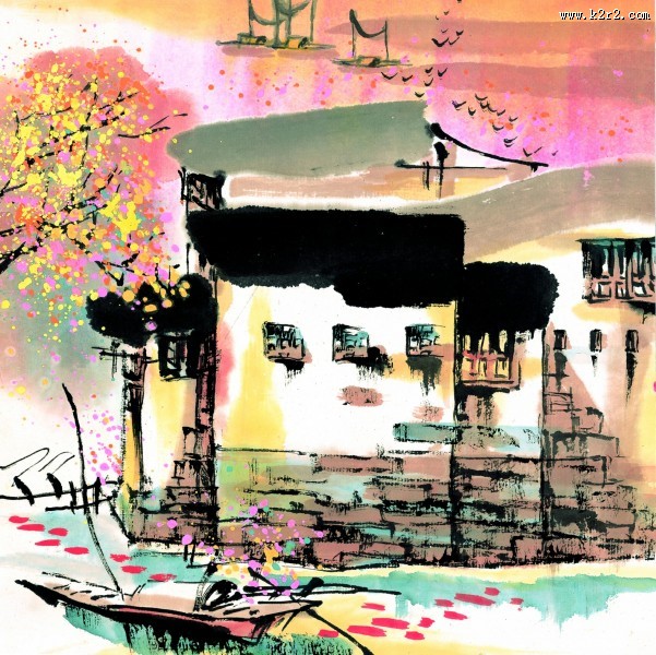 江南水乡秋天水墨图片