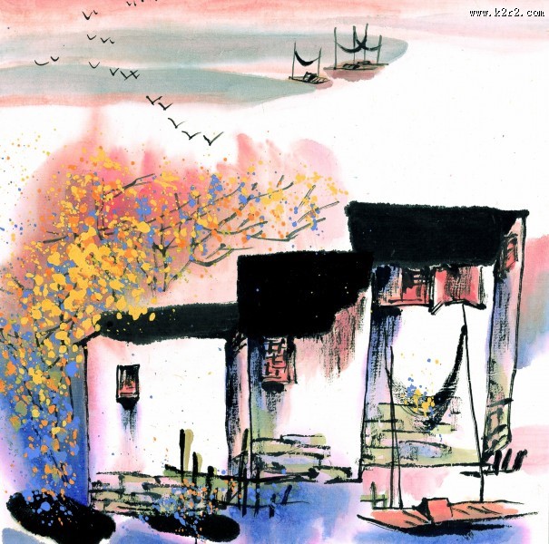 江南水乡秋天水墨图片