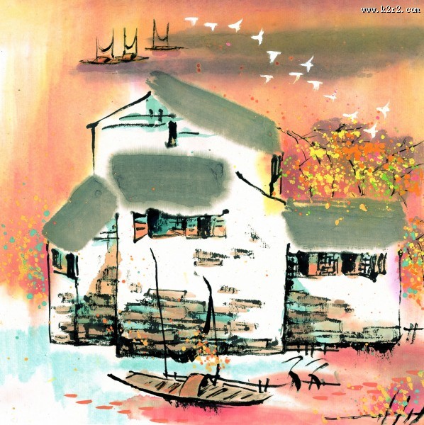 江南水乡秋天水墨图片