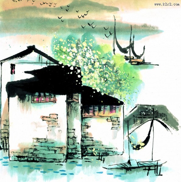 江南水乡冬天水墨图片