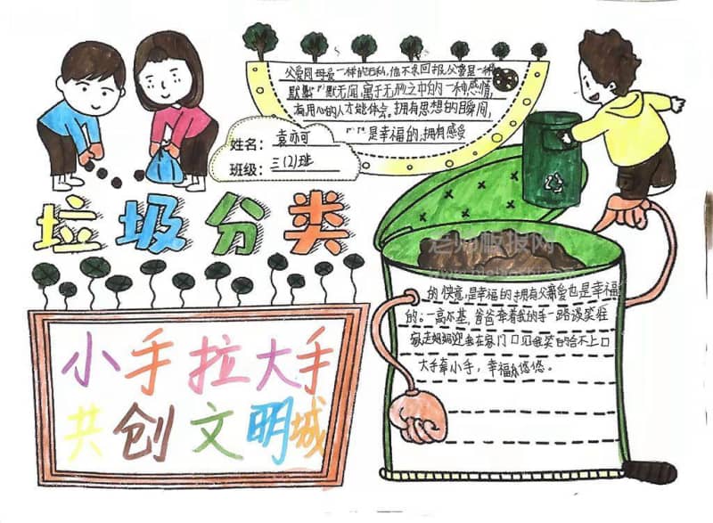 垃圾分类手抄报绘画图片 大手拉小手 共创文明城 9张环保手抄报